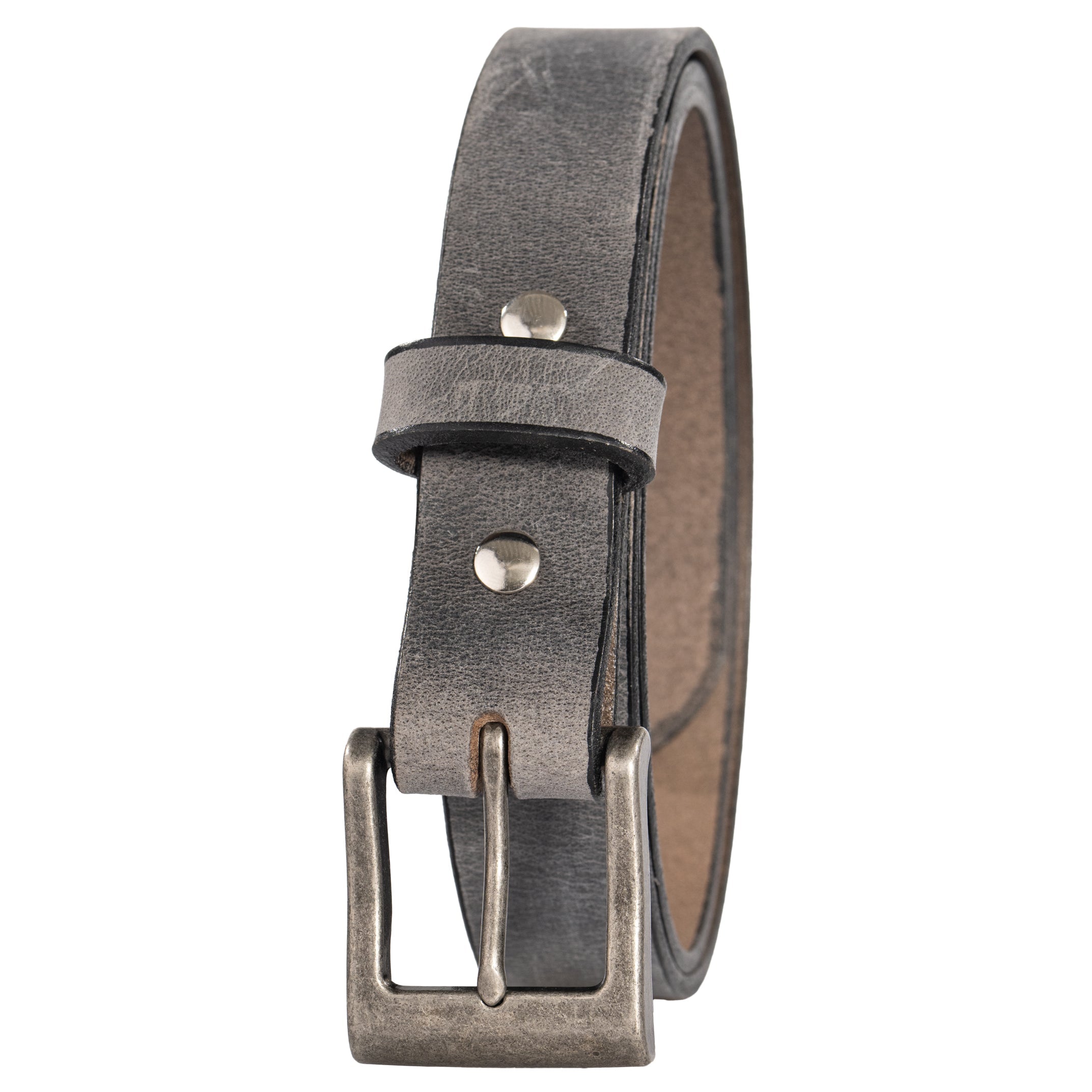 Grey 1.25 inch full-grain water buffalo belt with brushed silver buckle