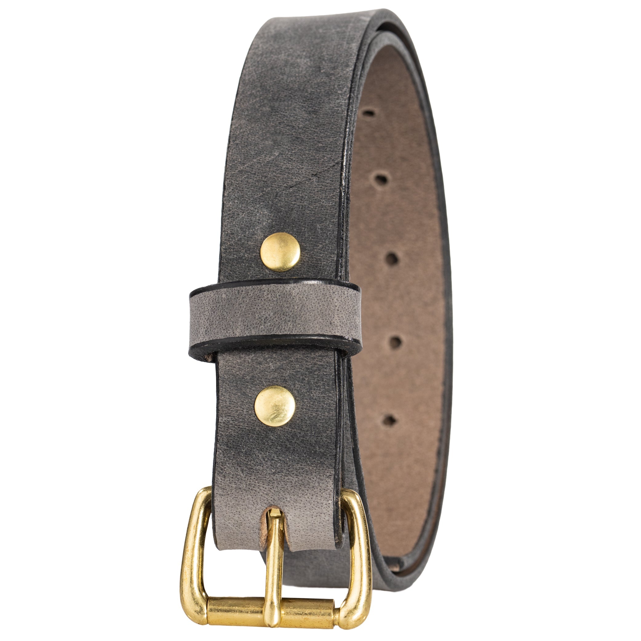 Grey 1.25 inch full-grain water buffalo belt with brass roller buckle
