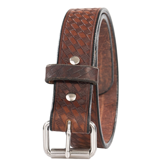 Full Grain Brown Basket Weave Leather Belt & Custom Buckle  - USA Made