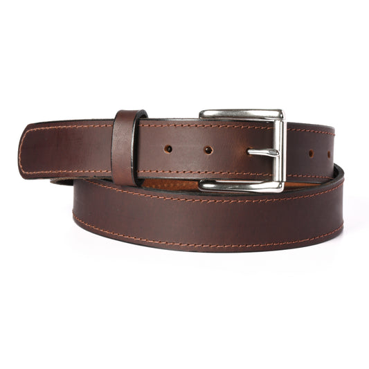 Water Buffalo Brown & Antique Brown Leather Belt (Sewn), 1.25" wide