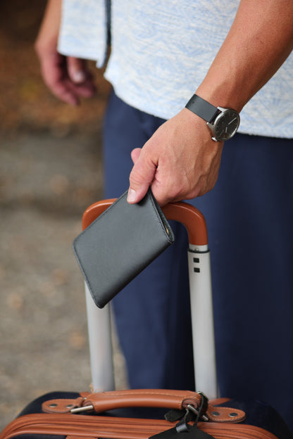 The Ambassador passport holder in Black, packed for travel