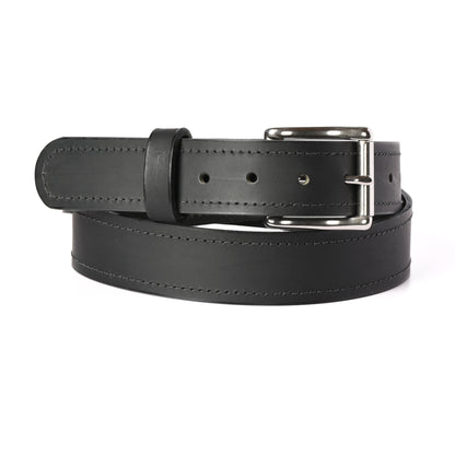The Jefferson water buffalo leather belt in Black, stitched edge, stainless steel roller buckle