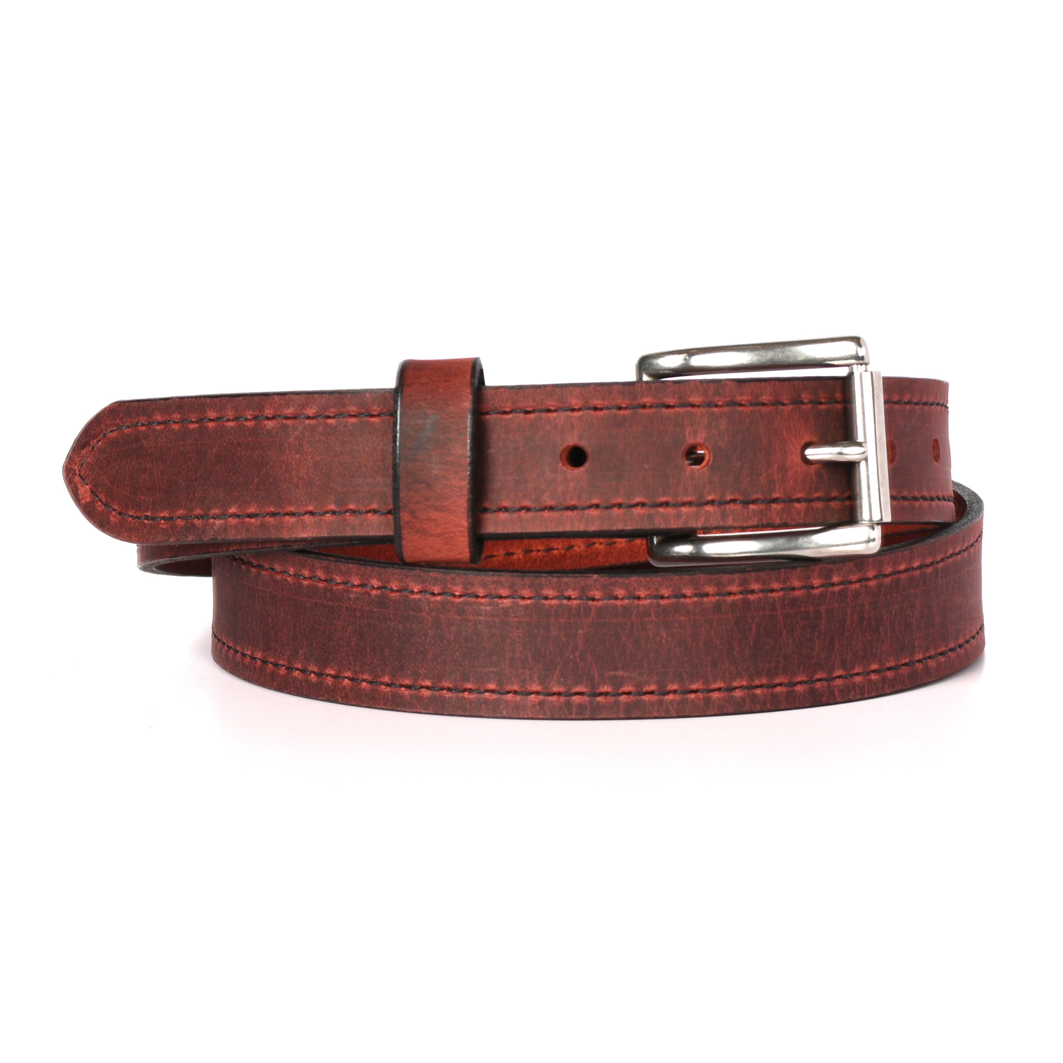 The Guardian 1.25 inch belt in Oxblood - stitched edge, stainless steel roller buckle