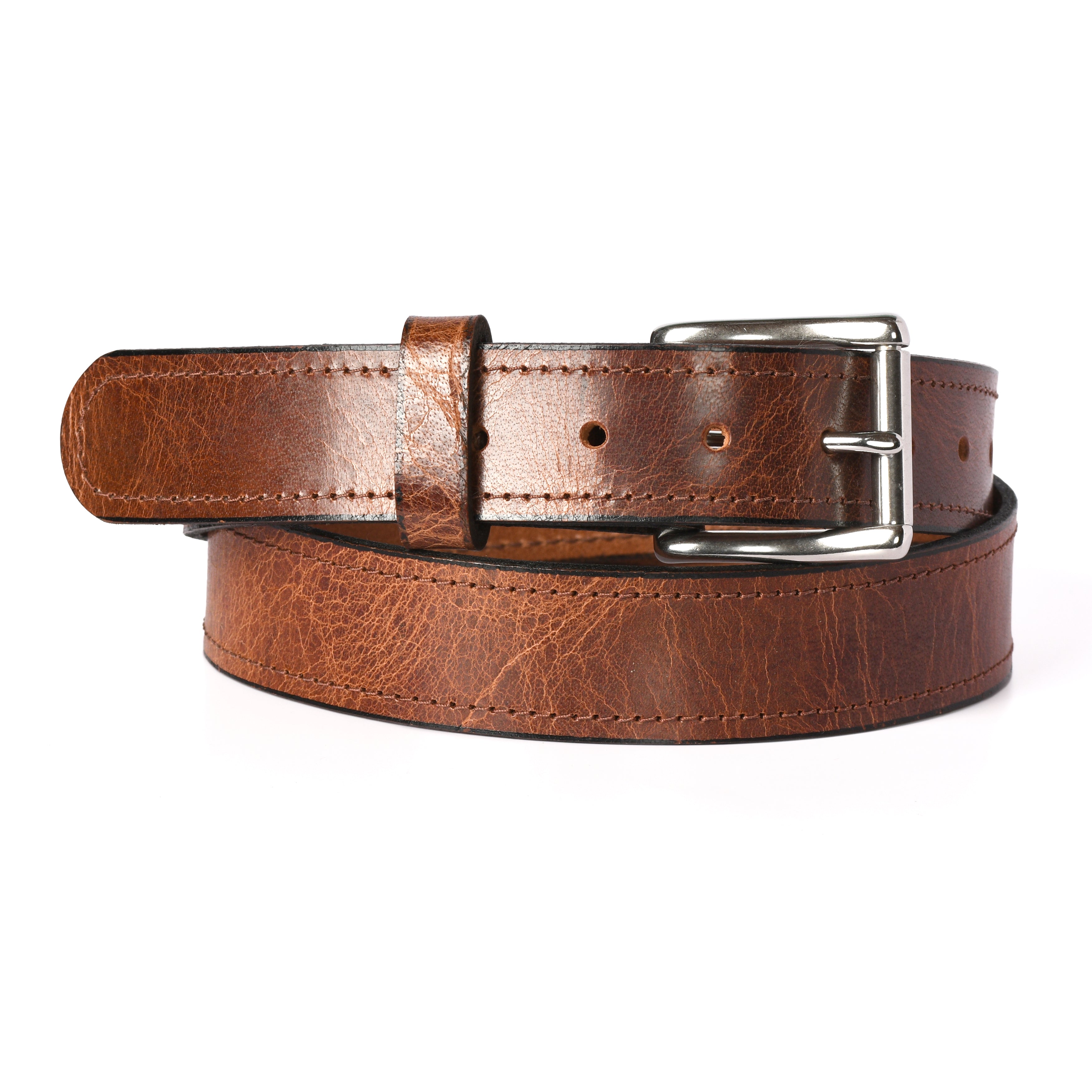 The Jefferson 1.5 inch water buffalo belt in Antique Brown - stitched edge, stainless steel roller buckle