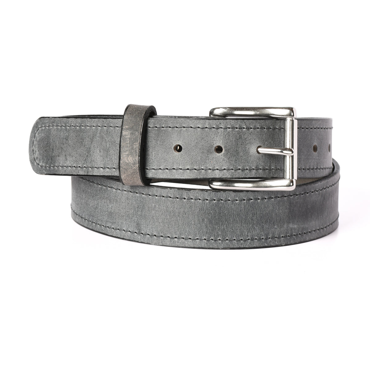 The Jefferson 1.5 inch water buffalo belt in Grey - stitched edge, stainless steel roller buckle