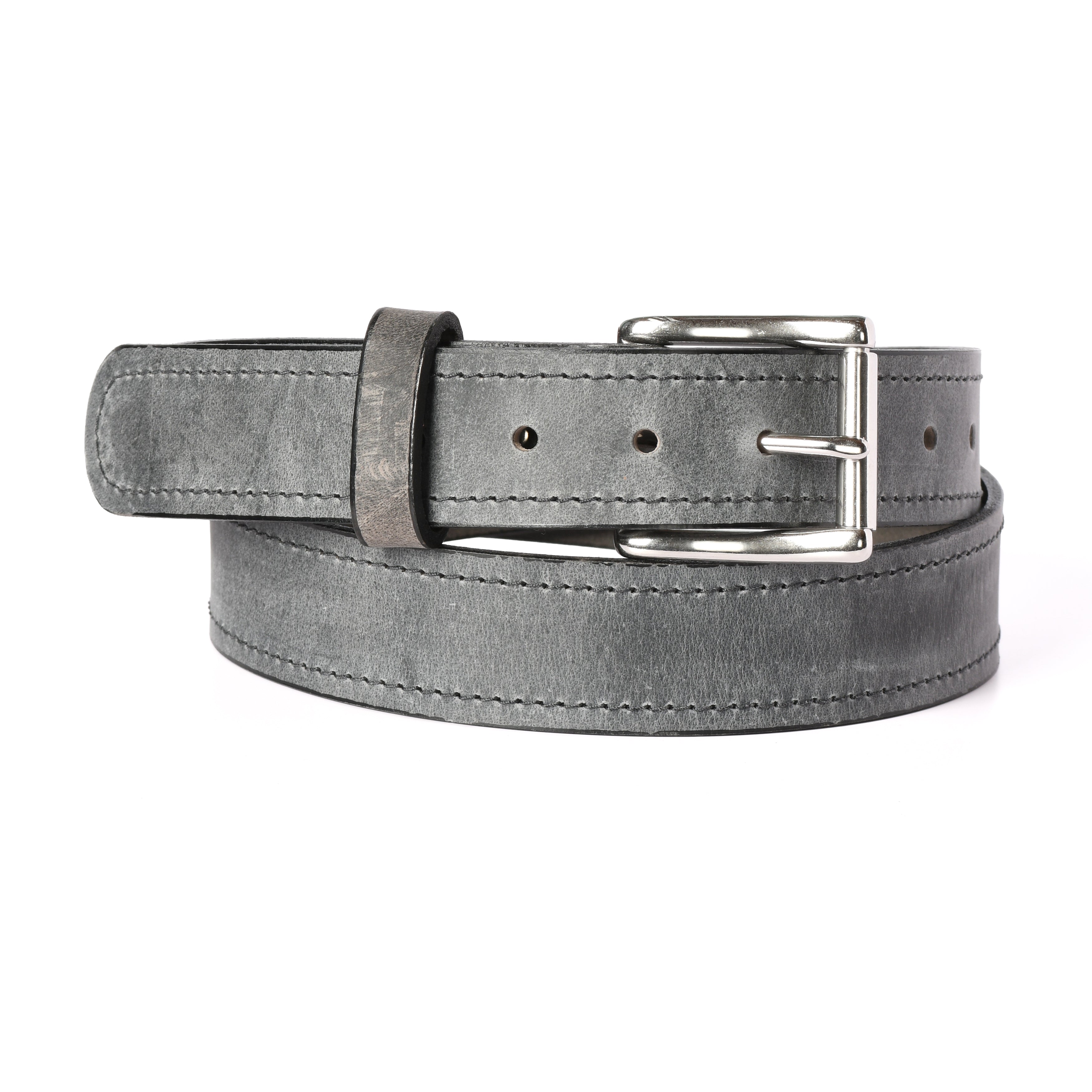 The Jefferson 1.5 inch water buffalo belt in Grey - stitched edge, stainless steel roller buckle