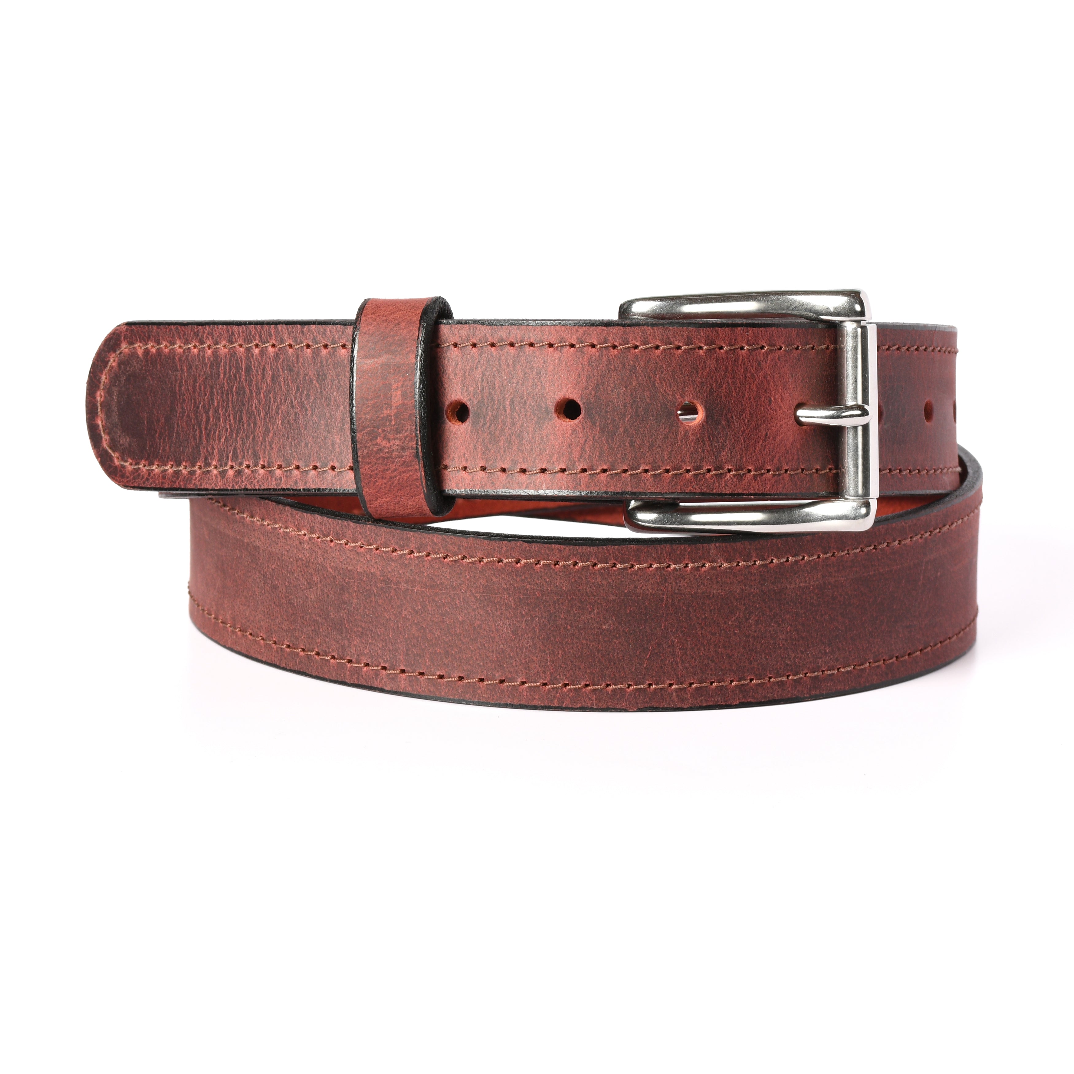 The Jefferson 1.5 inch water buffalo belt in Oxblood - stitched edge, stainless steel roller buckle