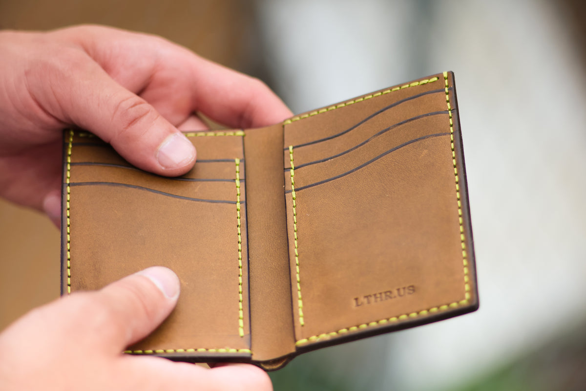The Central bifold wallet in Olive Green, detail, August workshop shoot