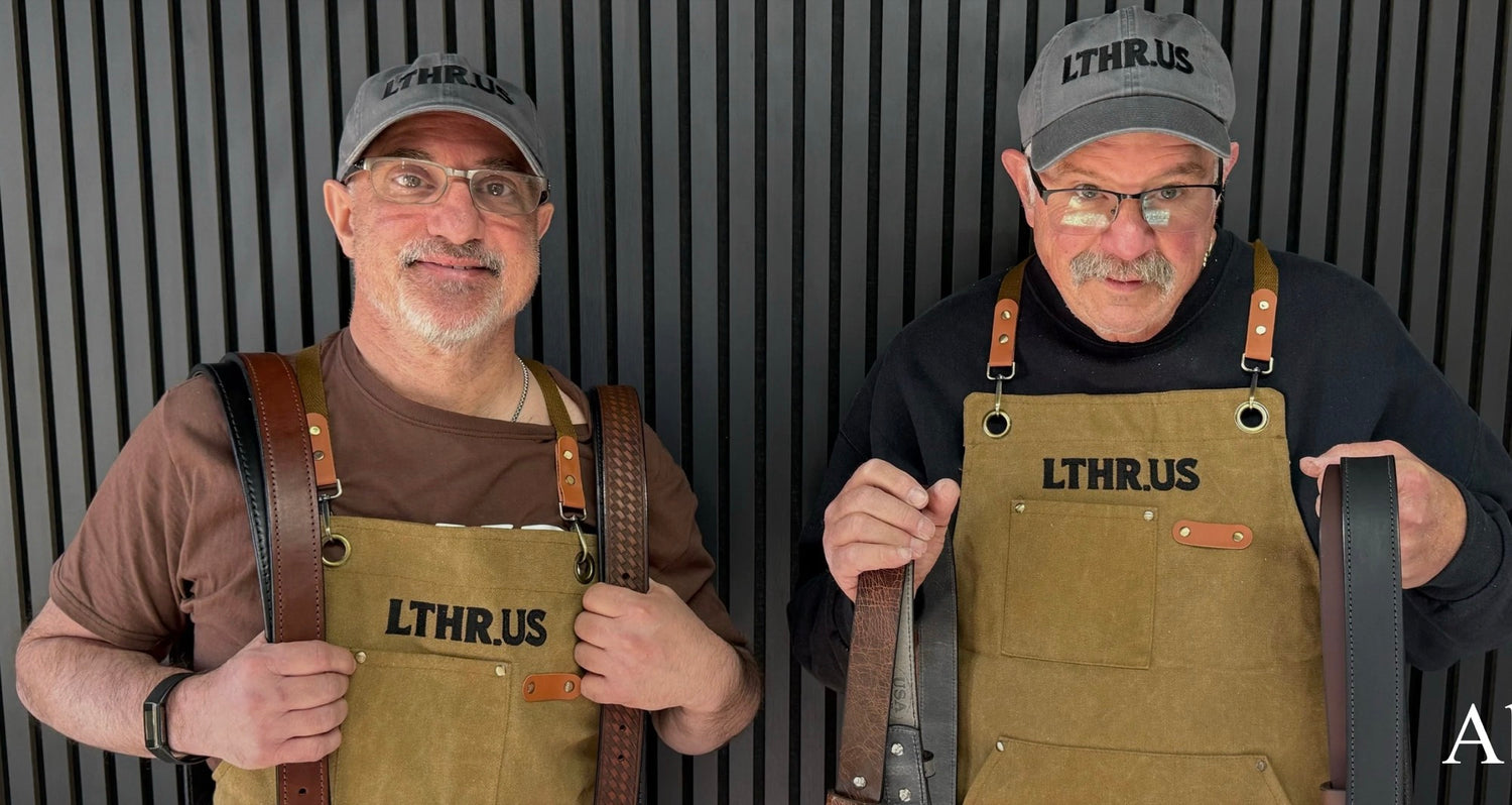 The two LTHR.US makers holding handcrafted leather belts