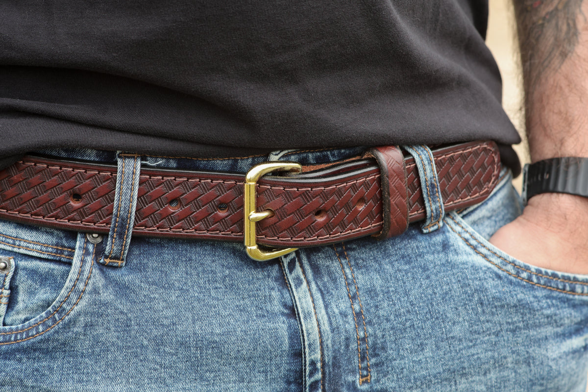 The Woodward basket weave leather belt, August workshop shoot
