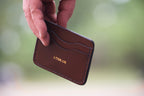 The Townsend card wallet in Antique Brown with gold stamp