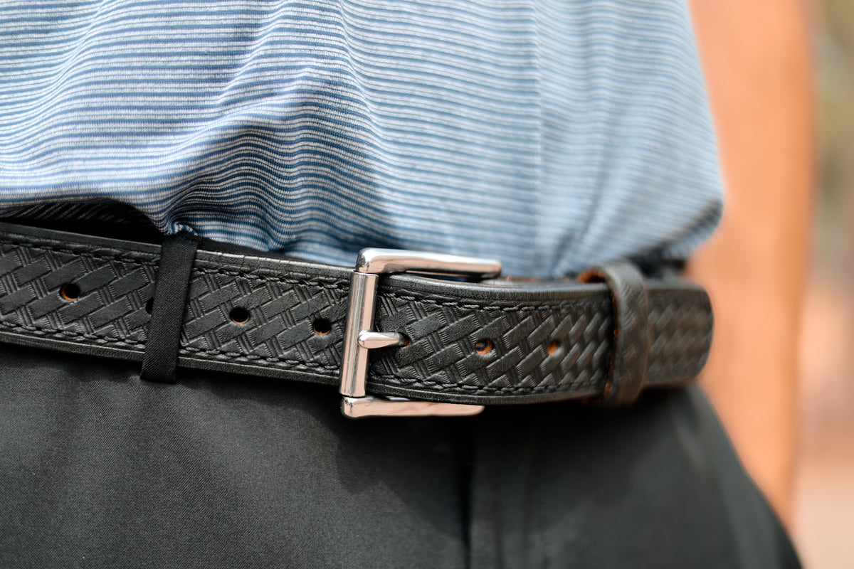 Basket weave tooling detail on the Black Woodward belt