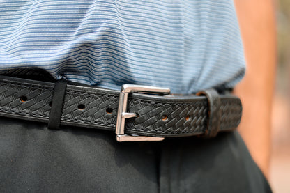 Basket weave tooling detail on the Black Woodward belt